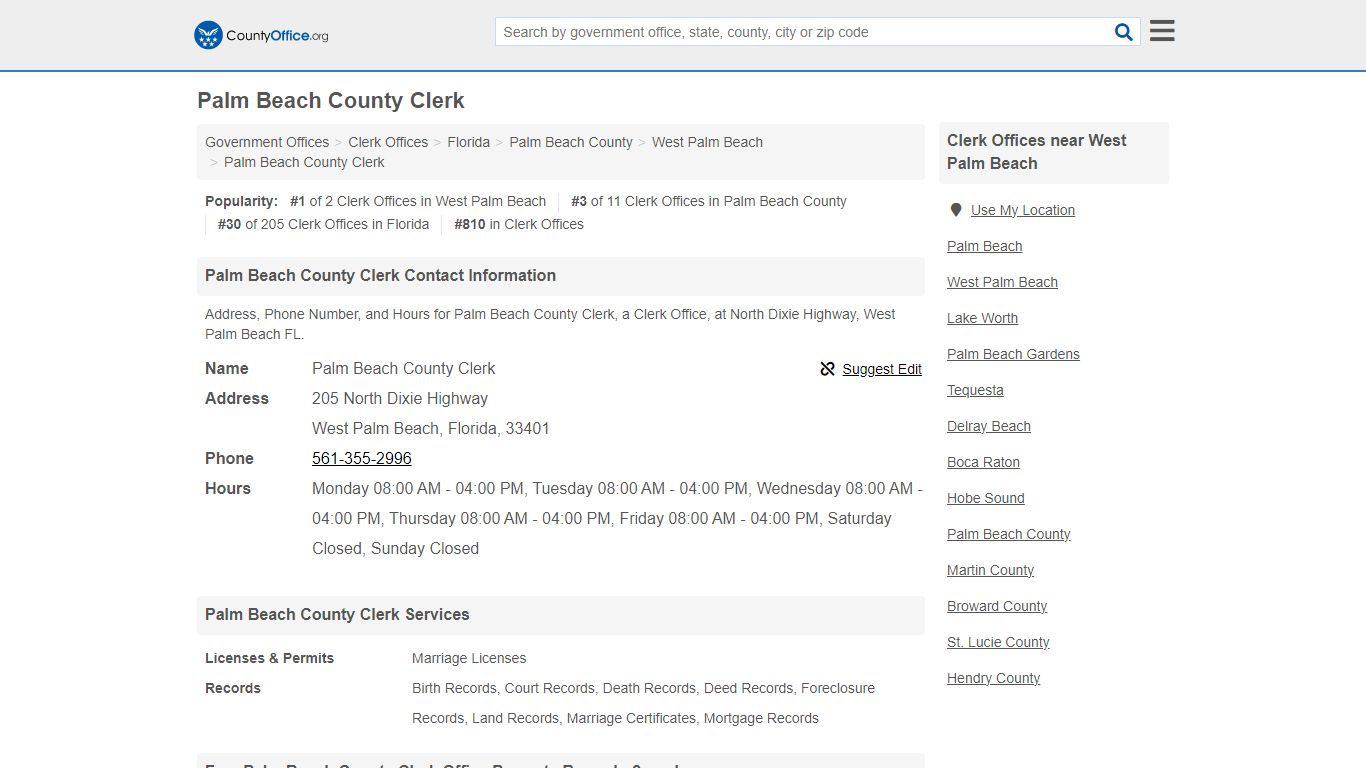 Palm Beach County Clerk - West Palm Beach, FL (Address ... - County Office